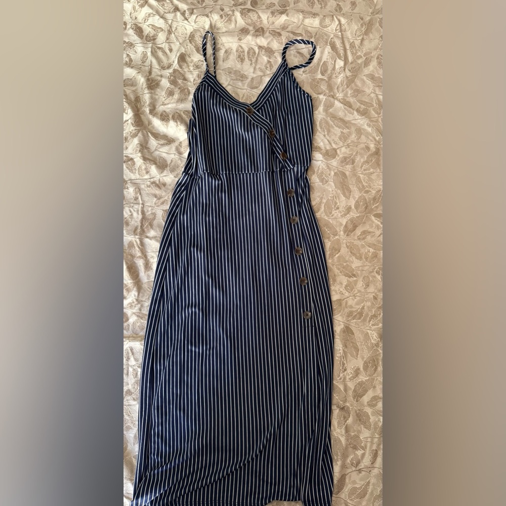 Navy Striped Midi Dress with Button Detail